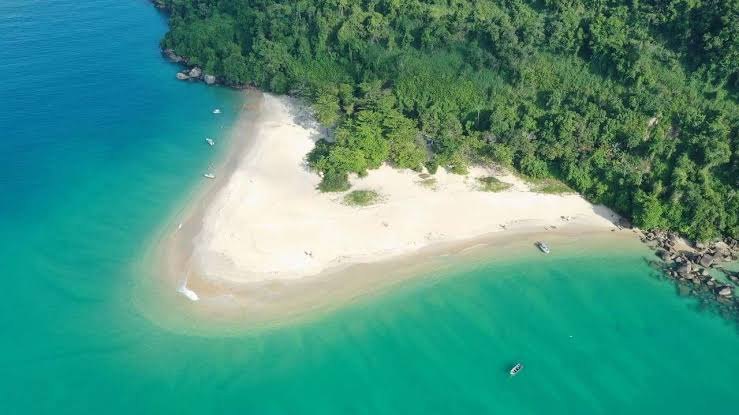 Ilha do Prumirim vista de cima, com faixa de areia branca, mata e água verde-esmeralda